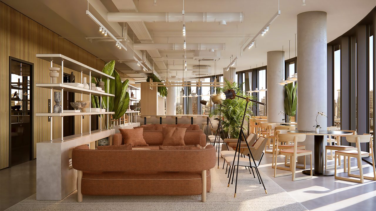 The One Rivington lounge and cafe workspace, with terrace seating beyond