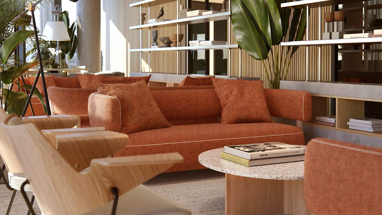 Lounge seating with shelving and greenery