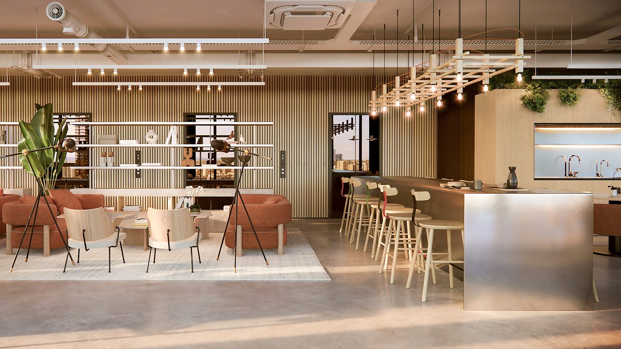 The communal lounge and bar counter at One Rivington