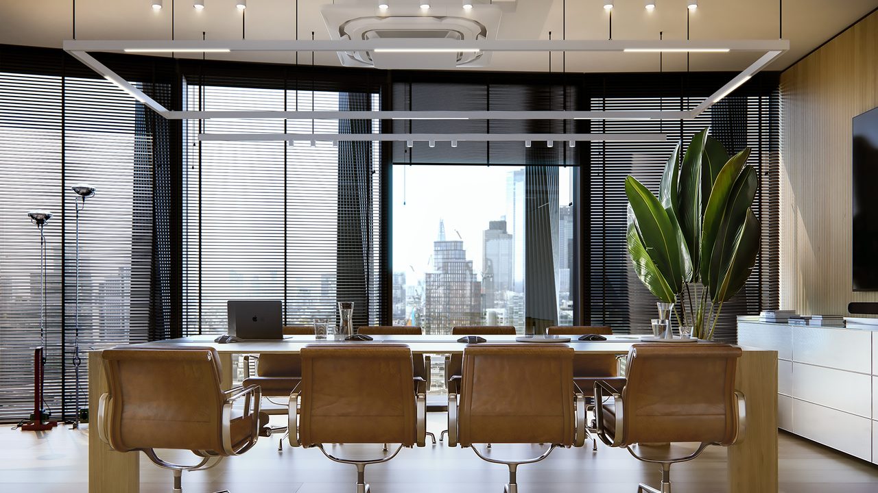 A private boardroom with skyline views