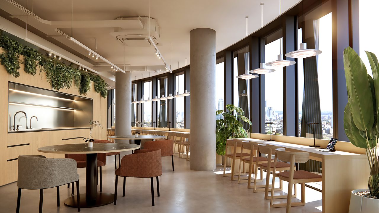 The kitchen and coffee bar, looking out over the city